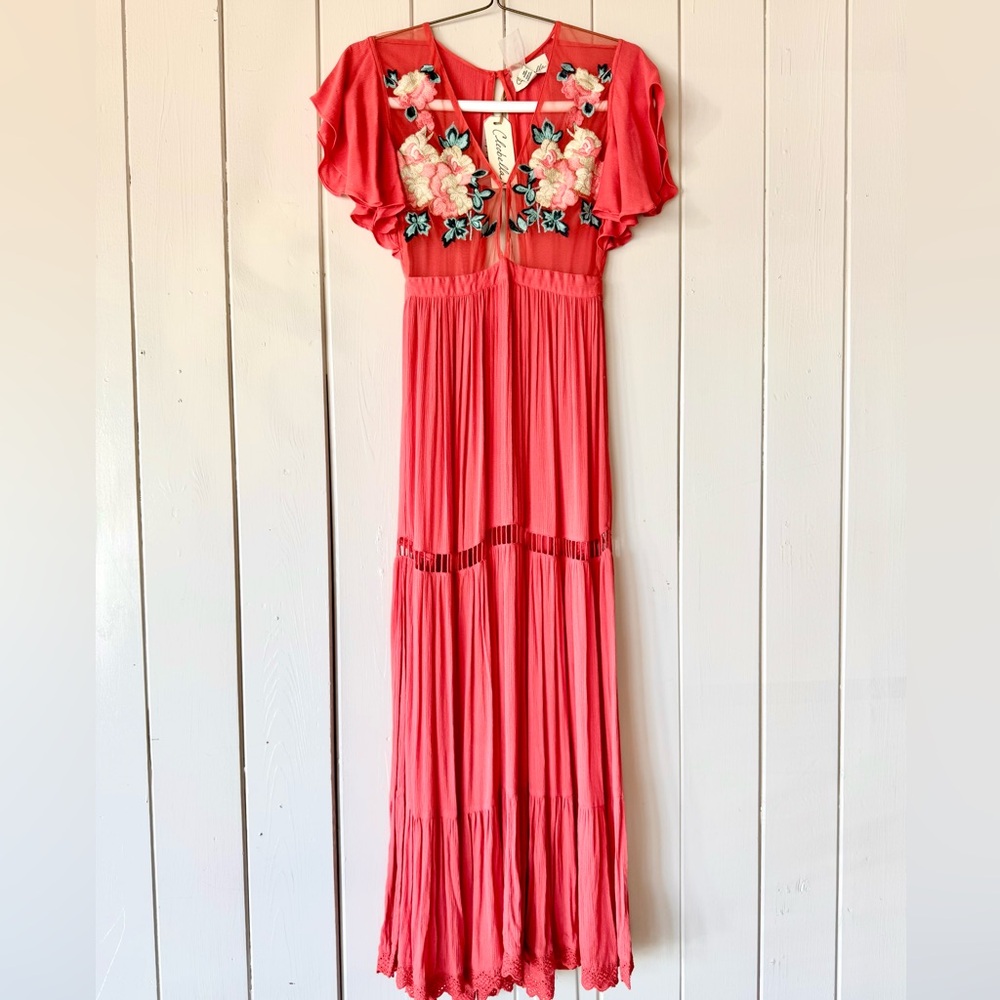 Cleobella Coral Maxi Dress with Floral Embroidery